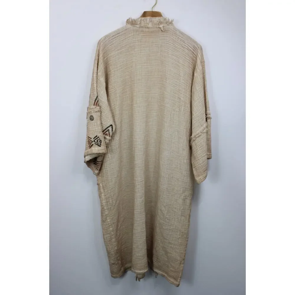 IKIKIZ Kimono Duster Women's OS Crinkle Cotton Cardigan Robe Tribal Missing Belt